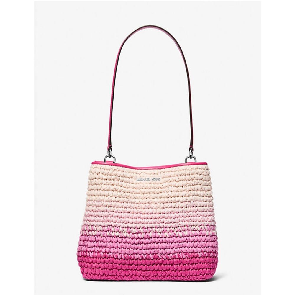Michael Kors Pratt Women Medium Ombré Straw Bucket Shoulder Bag Dragonfruit - Picture 2 of 9